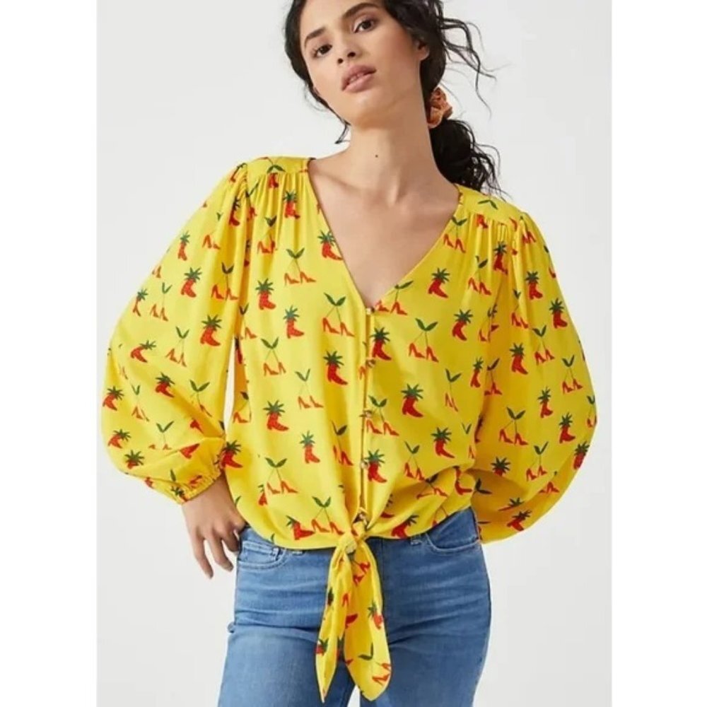NWT Anthropologie Kendra Dandy Strawberry High Heel Boots Yellow Blouse 4